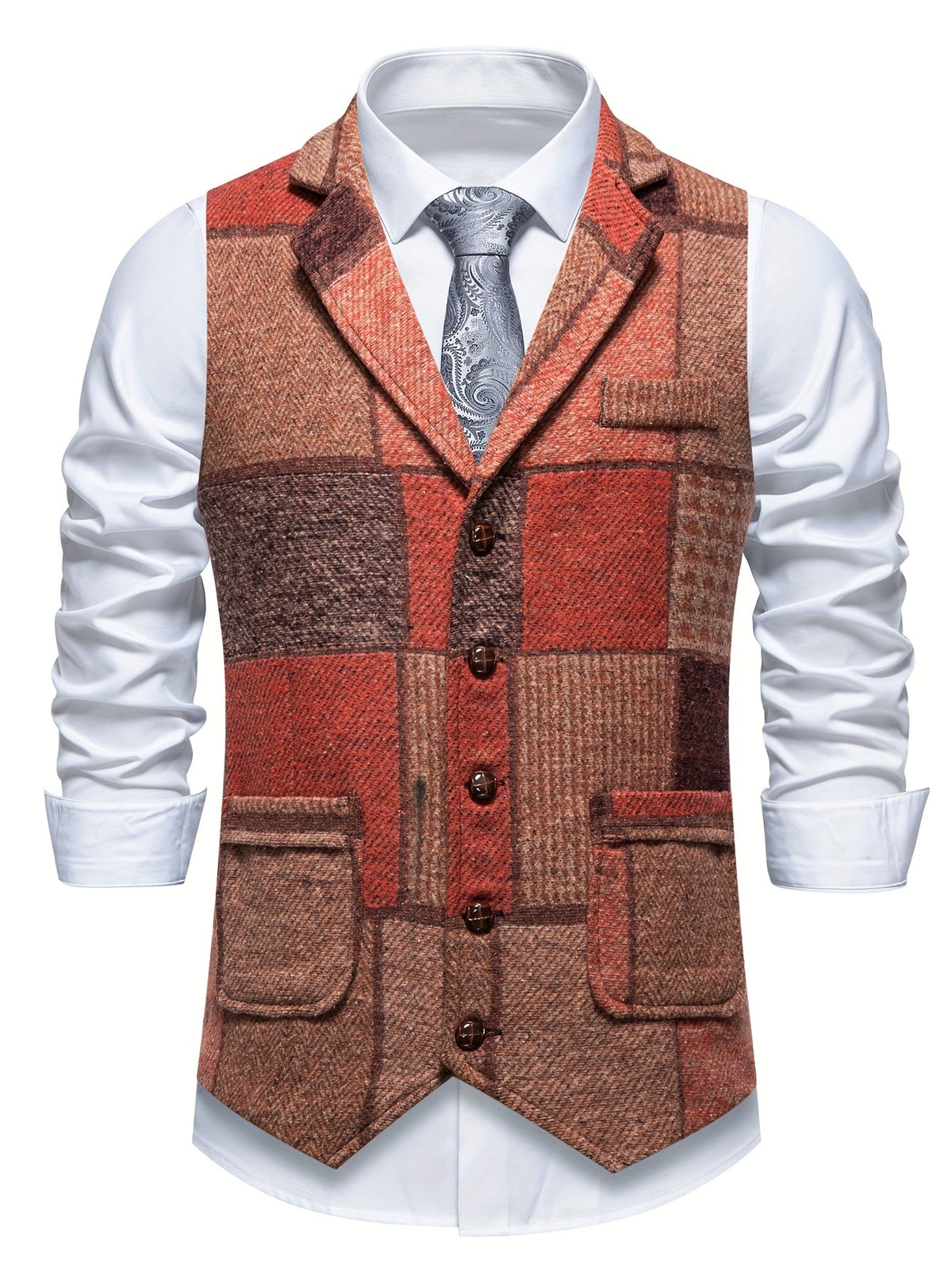Men's Patchwork Suit Vest with Notch Lapel and Flap Pockets