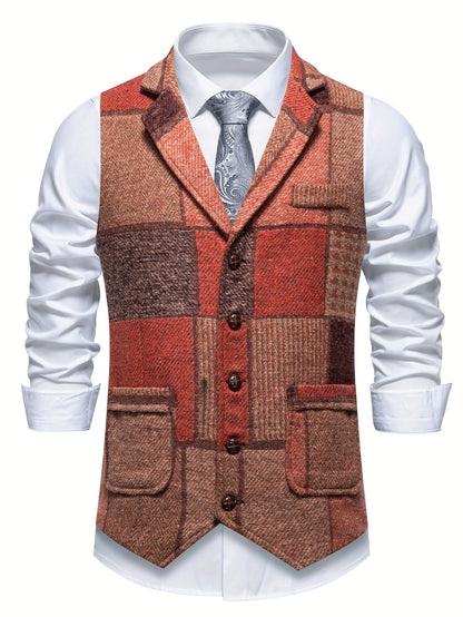 Men's Patchwork Suit Vest with Notch Lapel and Flap Pockets