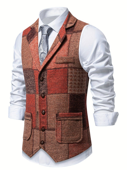 Men's Patchwork Suit Vest with Notch Lapel and Flap Pockets