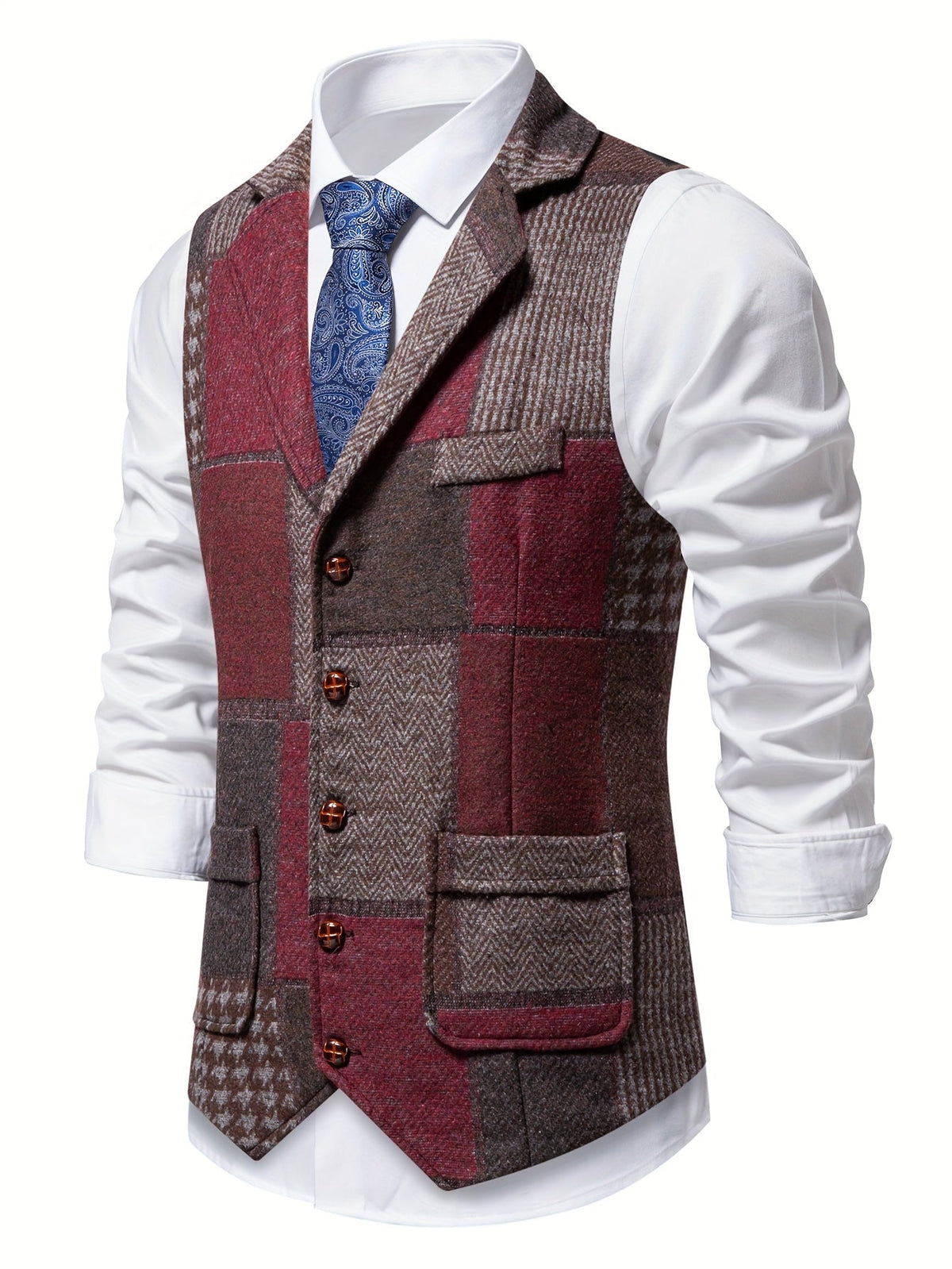 Men's Patchwork Suit Vest with Notch Lapel and Flap Pockets