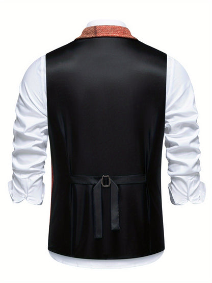 Men's Patchwork Suit Vest with Notch Lapel and Flap Pockets