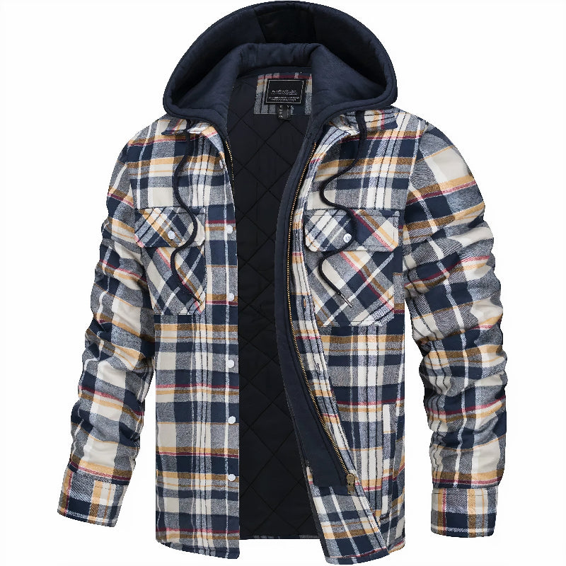 Men's Plaid Hooded Shirt Jacket with Zip and Snap Closure