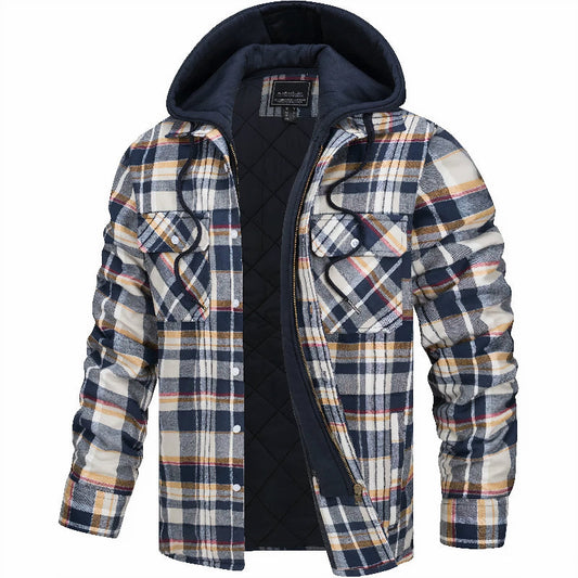 Men's Plaid Hooded Shirt Jacket with Zip and Snap Closure