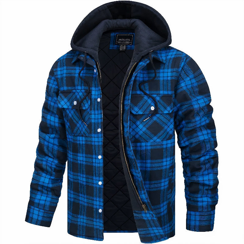 Men's Plaid Hooded Shirt Jacket with Zip and Snap Closure