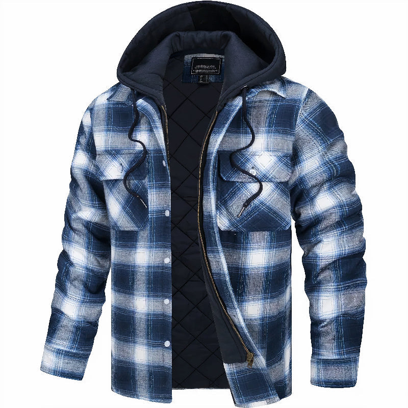 Men's Plaid Hooded Shirt Jacket with Zip and Snap Closure