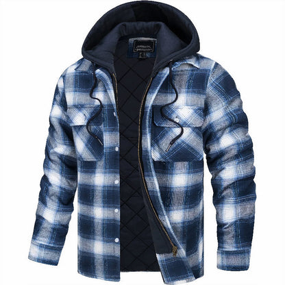 Men's Plaid Hooded Shirt Jacket with Zip and Snap Closure