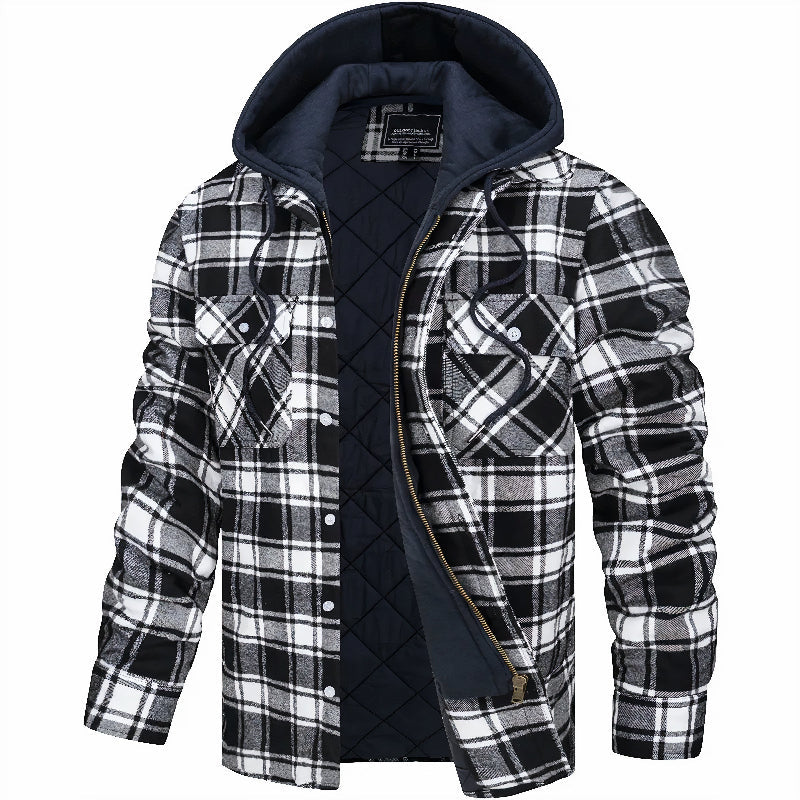 Men's Plaid Hooded Shirt Jacket with Zip and Snap Closure