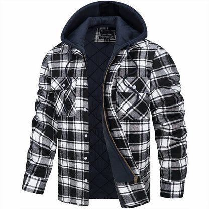Men's Plaid Hooded Shirt Jacket with Zip and Snap Closure