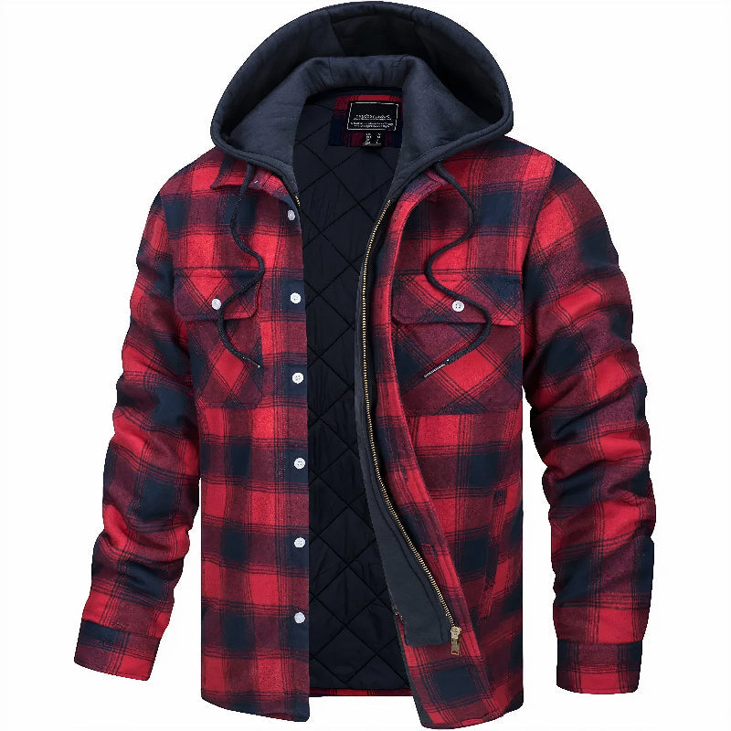 Men's Plaid Hooded Shirt Jacket with Zip and Snap Closure