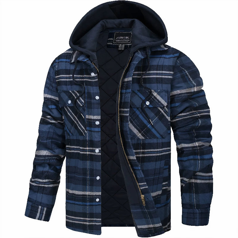 Men's Plaid Hooded Shirt Jacket with Zip and Snap Closure