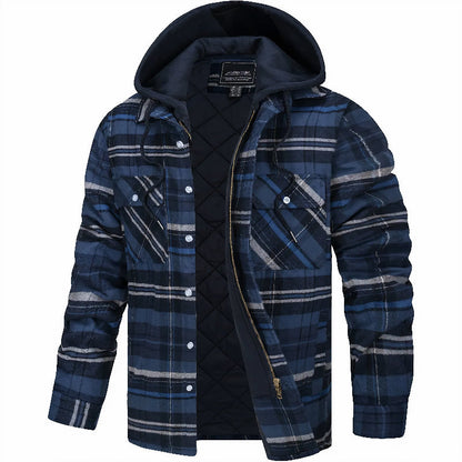 Men's Plaid Hooded Shirt Jacket with Zip and Snap Closure