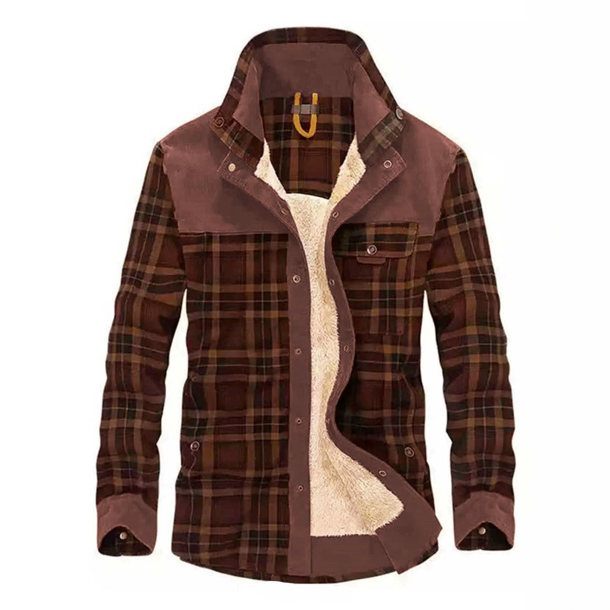 Men's Plaid Shirt Jacket with Fleece Lining and Stand Collar