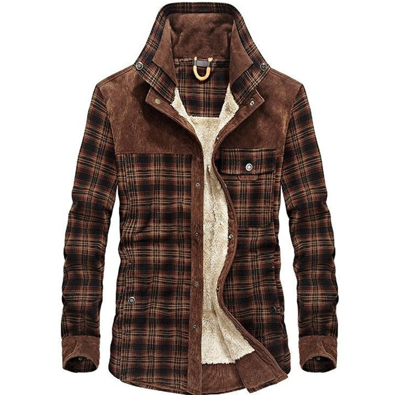 Men's Plaid Shirt Jacket with Fleece Lining and Stand Collar