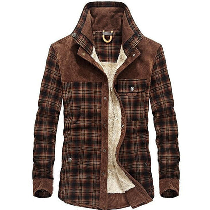 Men's Plaid Shirt Jacket with Fleece Lining and Stand Collar