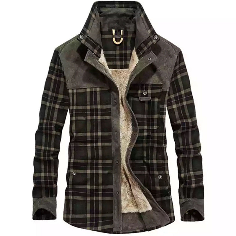 Men's Plaid Shirt Jacket with Fleece Lining and Stand Collar