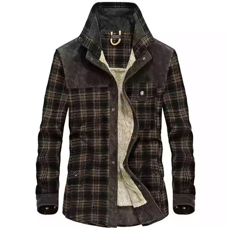 Men's Plaid Shirt Jacket with Fleece Lining and Stand Collar