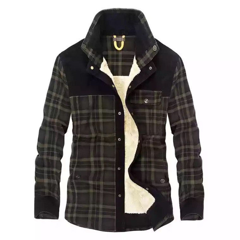 Men's Plaid Shirt Jacket with Fleece Lining and Stand Collar