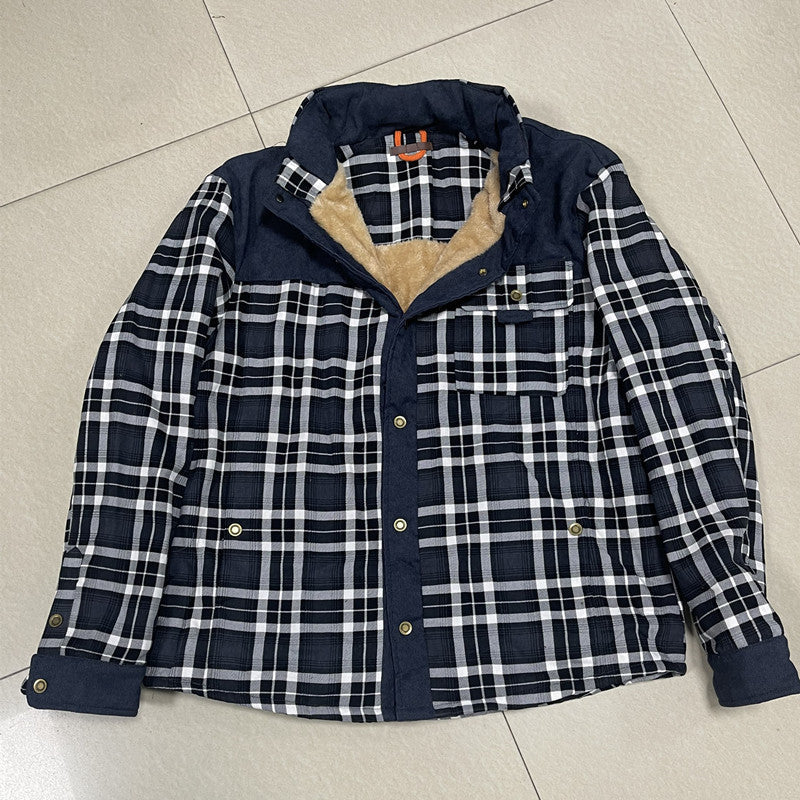 Men's Plaid Shirt Jacket with Fleece Lining and Stand Collar