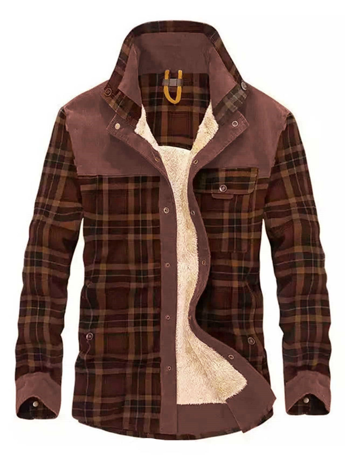 Men's Plaid Shirt Jacket with Fleece Lining and Stand Collar