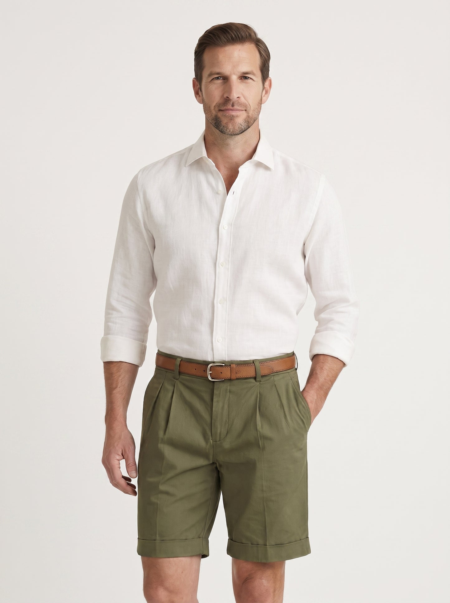 Men's Pleated Chino Shorts with Cuffed Hem and Belt Loops