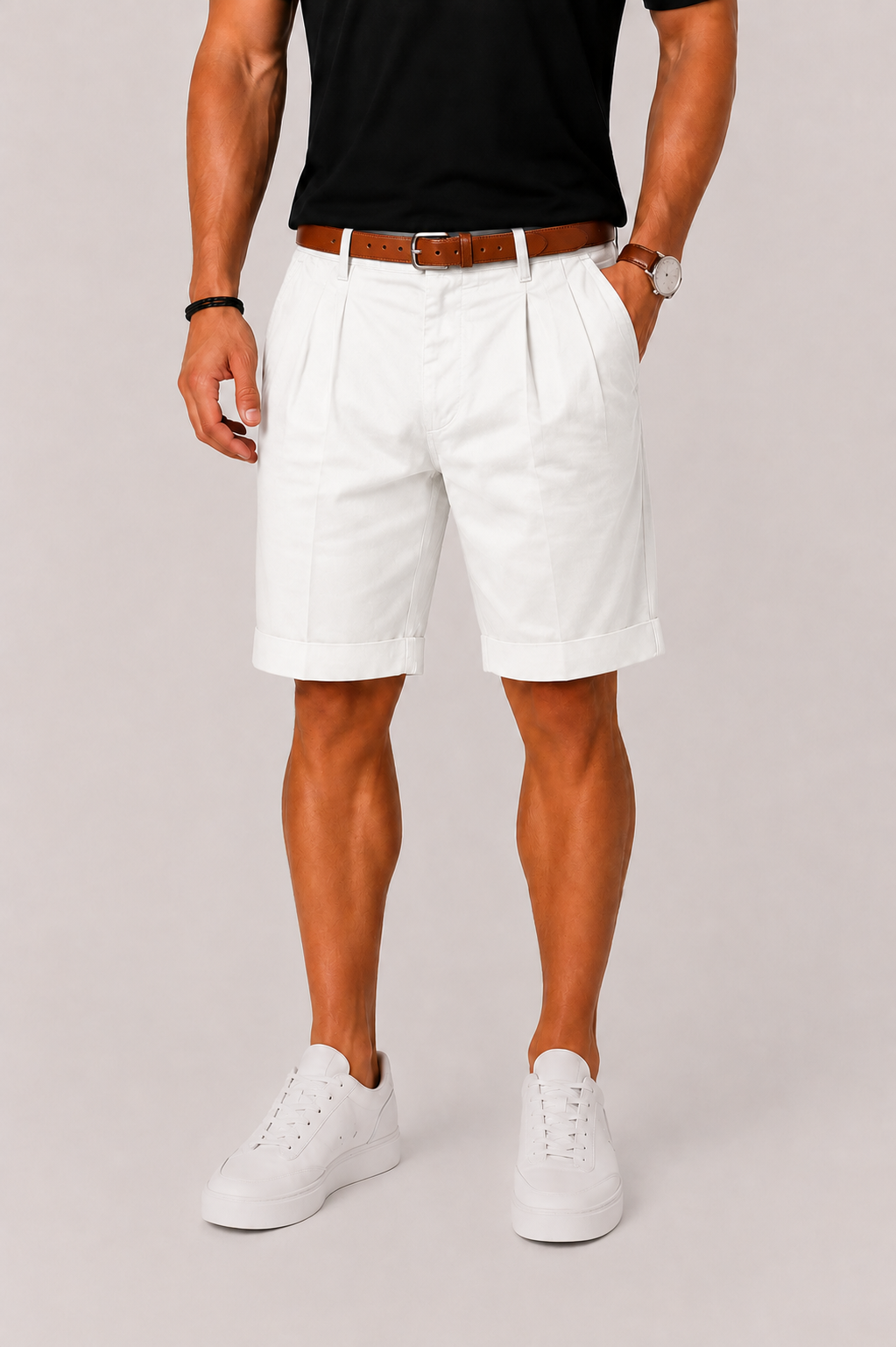 Men's Pleated Chino Shorts with Cuffed Hem and Side Pockets