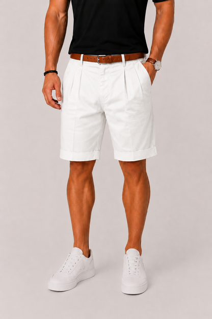 Men's Pleated Chino Shorts with Cuffed Hem and Side Pockets