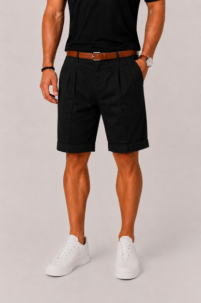 Men's Pleated Chino Shorts with Cuffed Hem and Side Pockets
