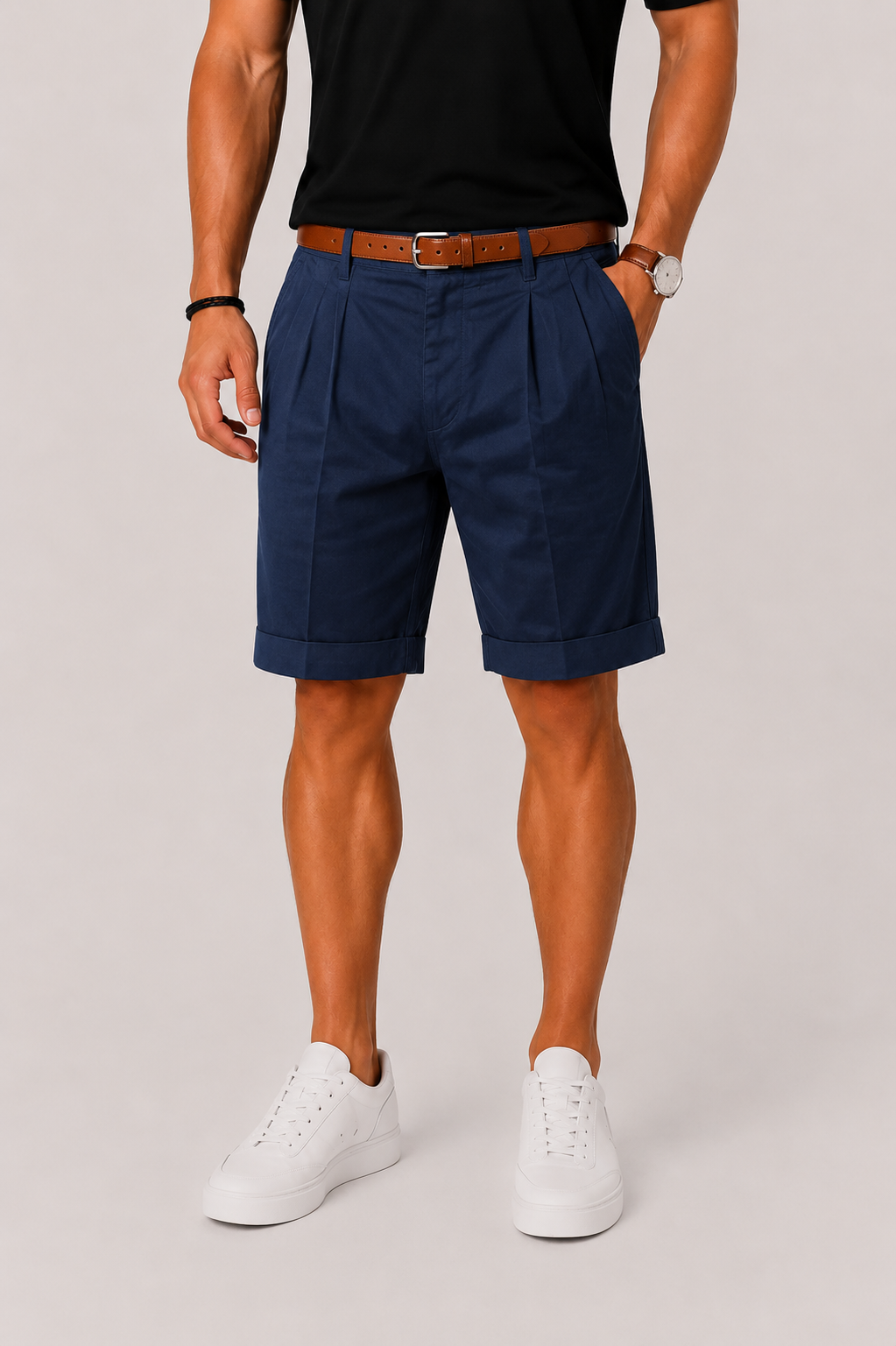 Men's Pleated Chino Shorts with Cuffed Hem and Side Pockets