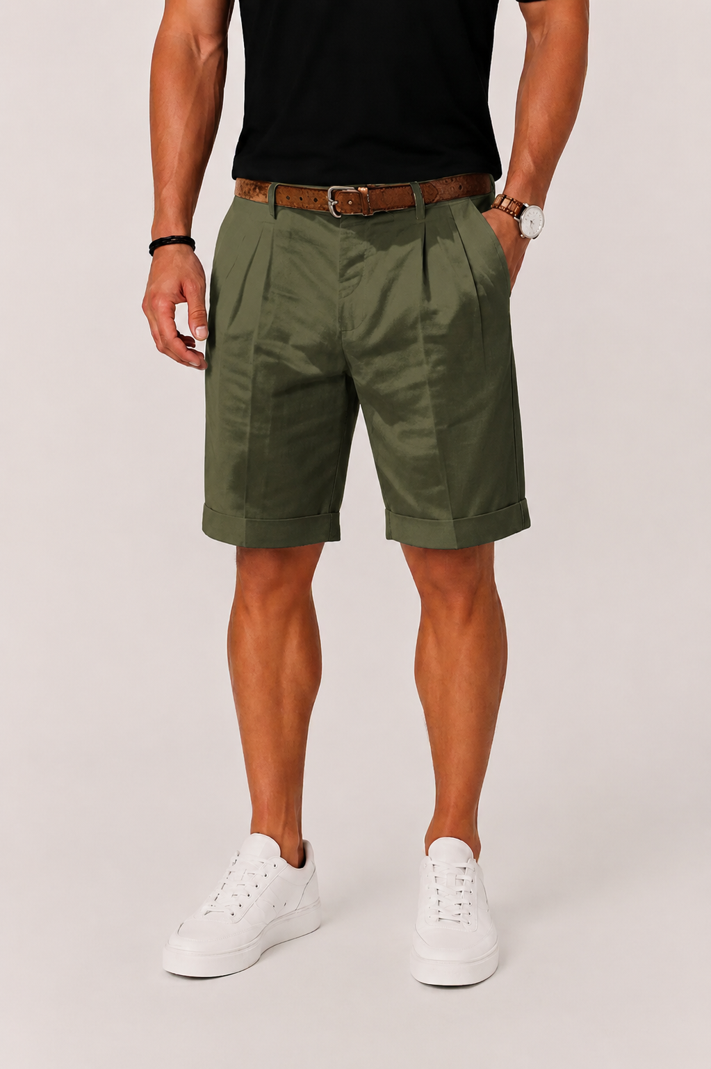 Men's Pleated Chino Shorts with Cuffed Hem and Side Pockets