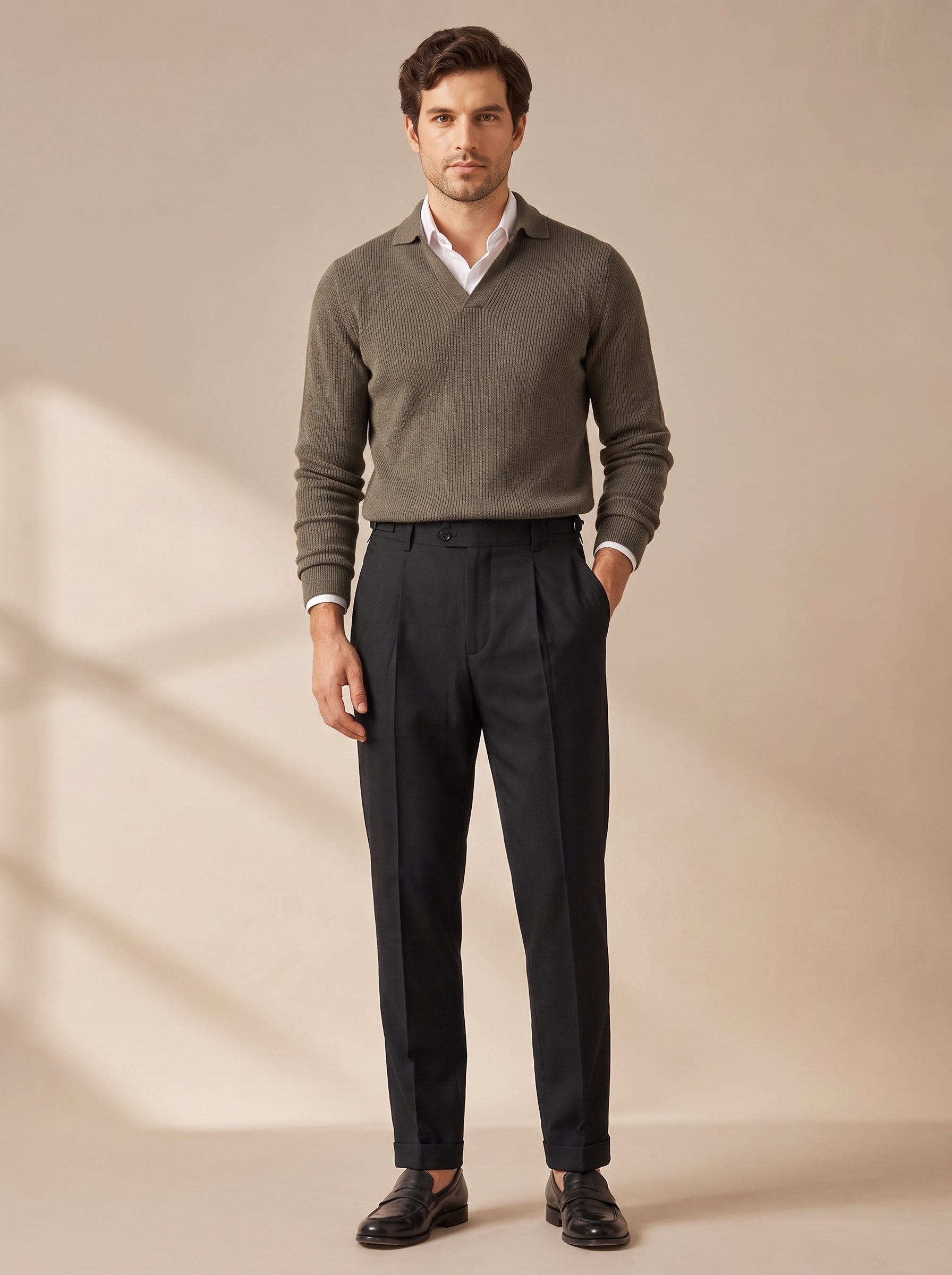 Men's Pleated Dress Pants with Tapered Leg and Cuffed Hem
