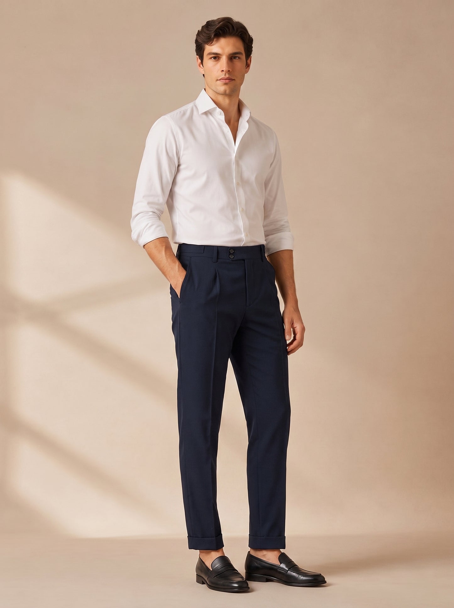 Men's Pleated Dress Pants with Tapered Leg and Cuffed Hem
