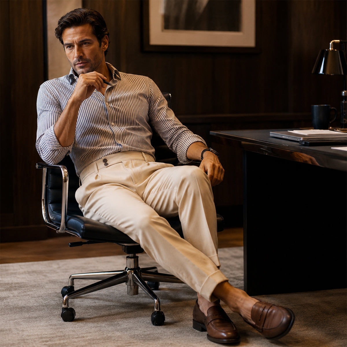 Men's Pleated Dress Pants with Tapered Leg and Cuffed Hem