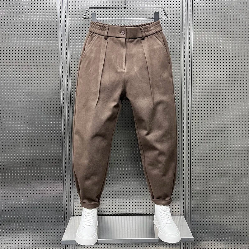 Men's Pleated Tapered Trousers with Elastic Waistband