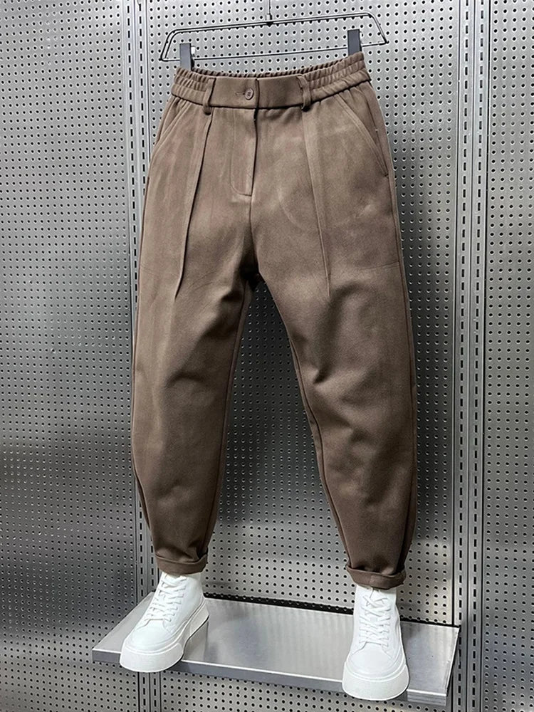 Men's Pleated Tapered Trousers with Elastic Waistband