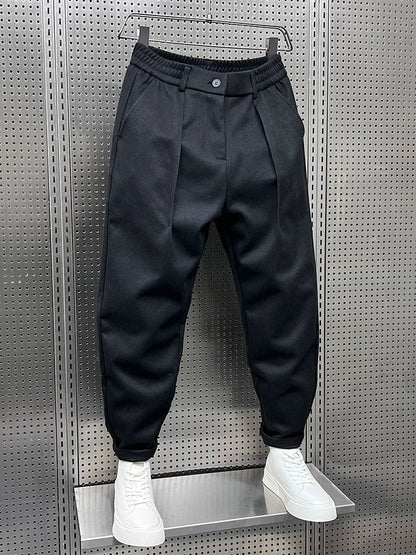 Men's Pleated Tapered Trousers with Elastic Waistband