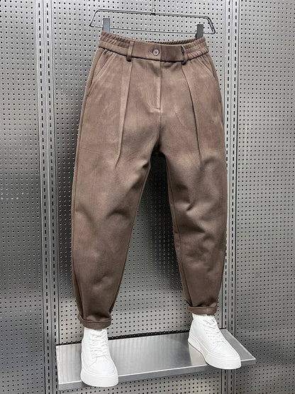 Men's Pleated Tapered Trousers with Elastic Waistband