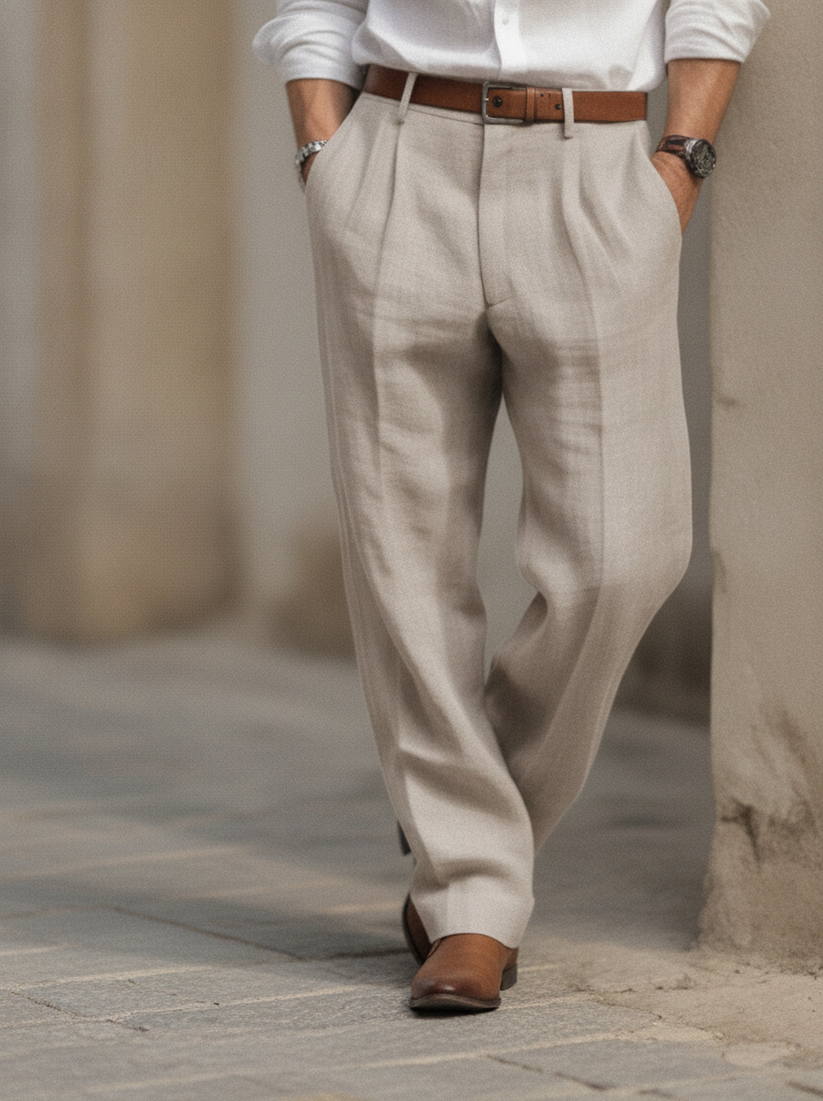 Men's Pleated Trousers with Wide Leg Fit and Elastic Waist