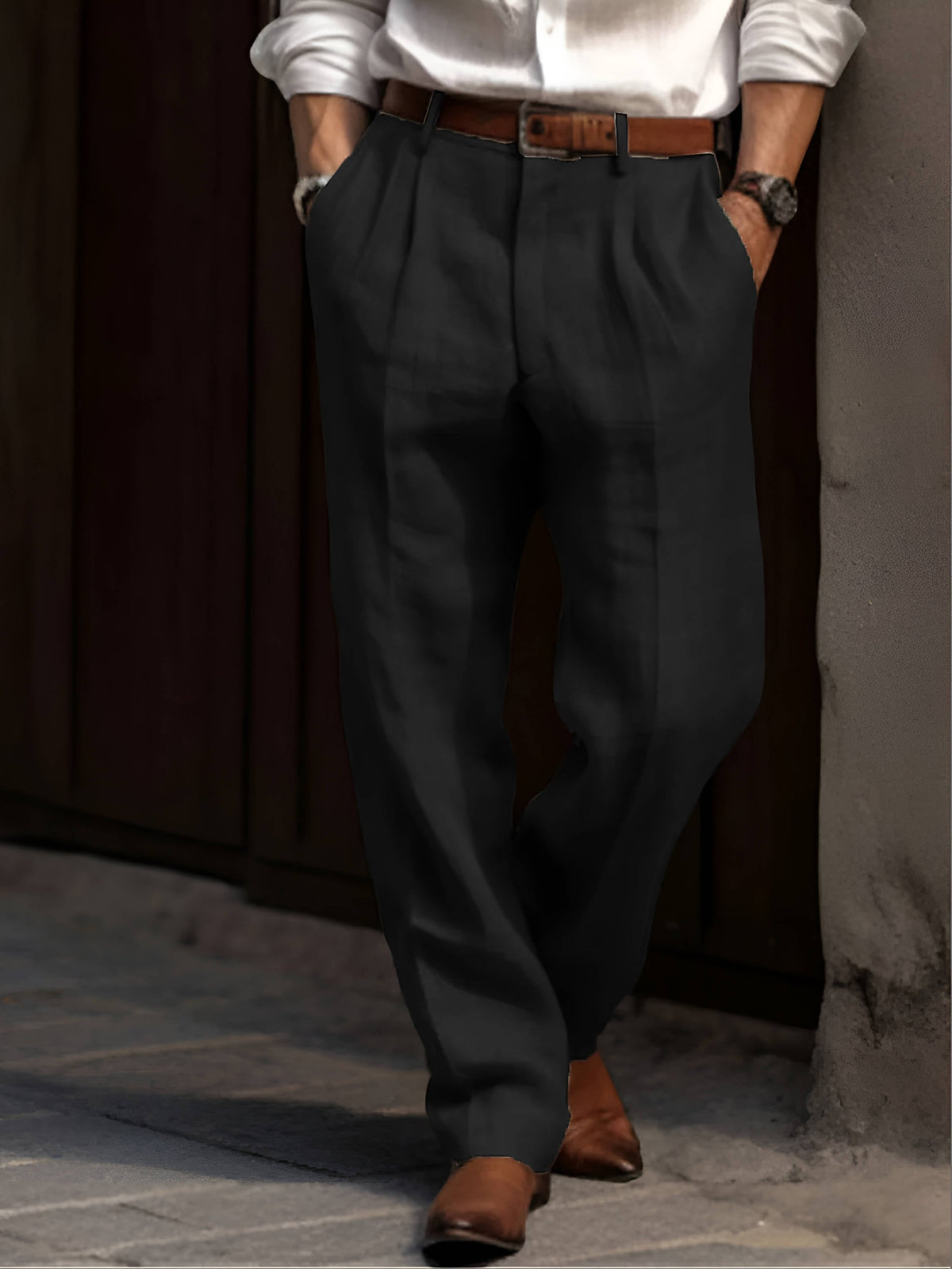 Men's Pleated Trousers with Wide Leg Fit and Elastic Waist