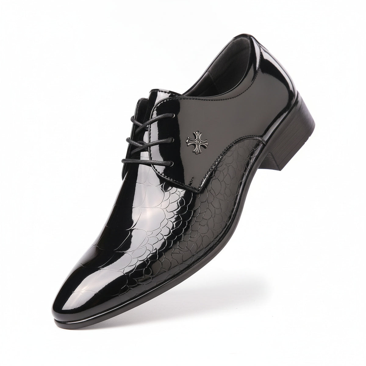 Men's Pointed Toe Patent Derby Shoes with Lace-Up Fastening and Low Stacked Heel