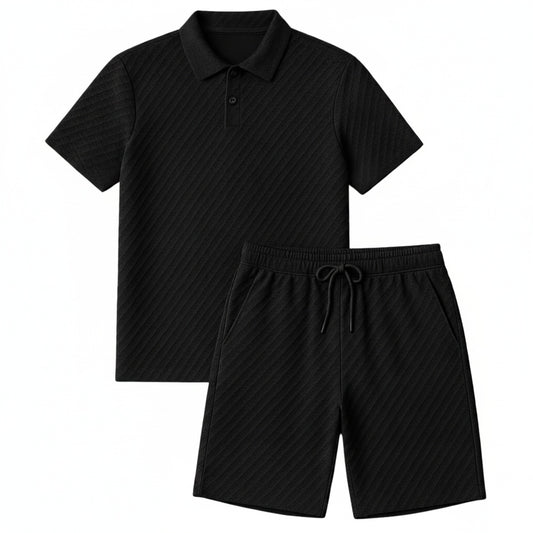 Men's Polo Shirt and Shorts Set Short Sleeve with Textured Pattern