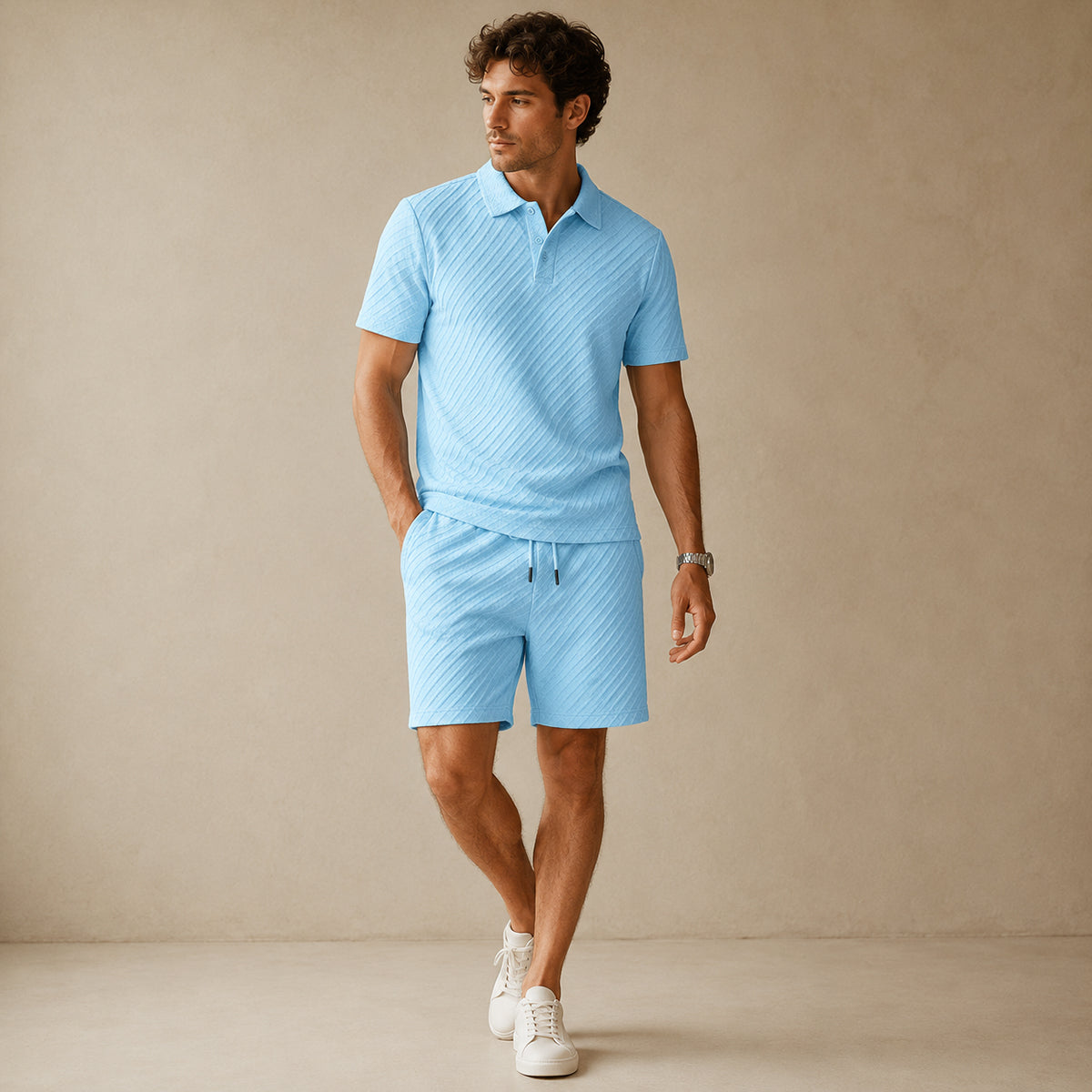 Men's Polo Shirt and Shorts Set Short Sleeve with Textured Pattern