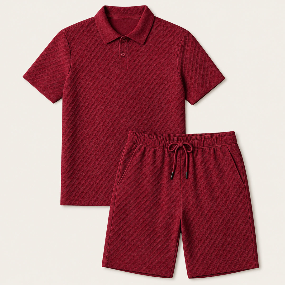 Men's Polo Shirt and Shorts Set Short Sleeve with Textured Pattern