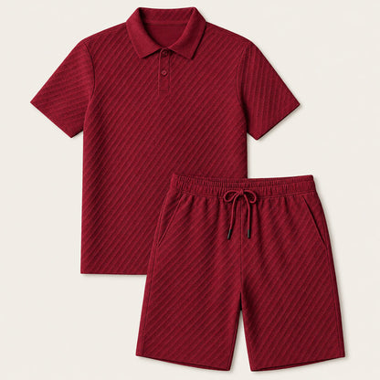 Men's Polo Shirt and Shorts Set Short Sleeve with Textured Pattern