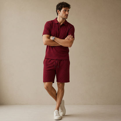 Men's Polo Shirt and Shorts Set Short Sleeve with Textured Pattern