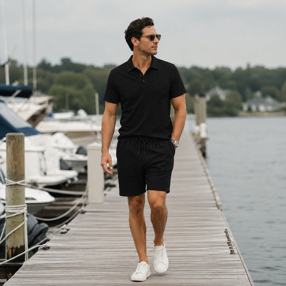 Men's Polo Shirt and Shorts Set Short Sleeve with Textured Pattern