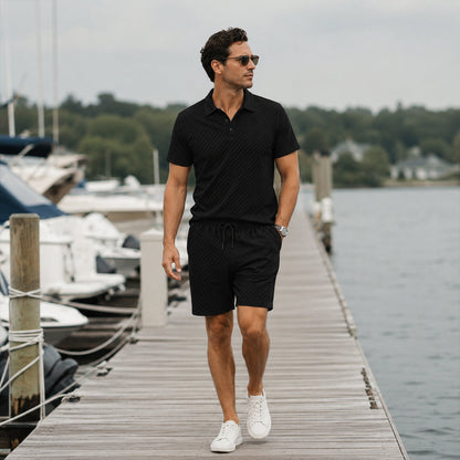 Men's Polo Shirt and Shorts Set Short Sleeve with Textured Pattern