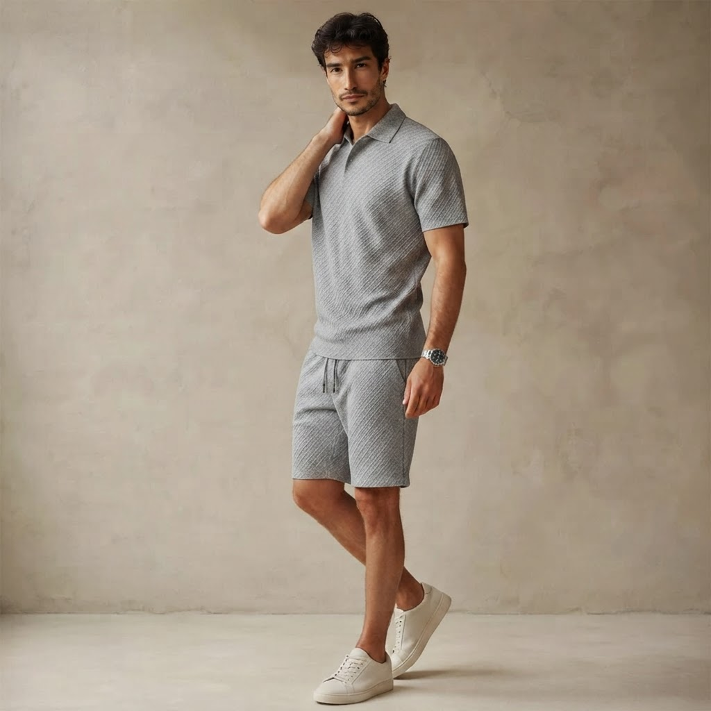 Men's Polo Shirt and Shorts Set Short Sleeve with Textured Pattern