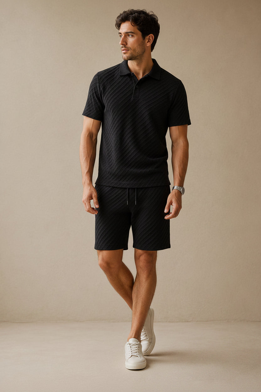 Men's Polo Shirt and Shorts Set Short Sleeve with Textured Pattern