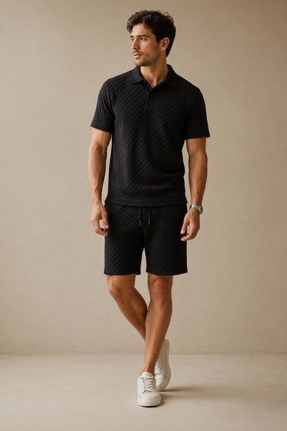 Men's Polo Shirt and Shorts Set Short Sleeve with Textured Pattern