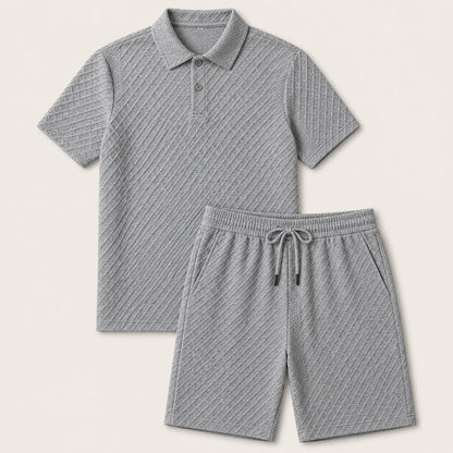 Men's Polo Shirt and Shorts Set Short Sleeve with Textured Pattern